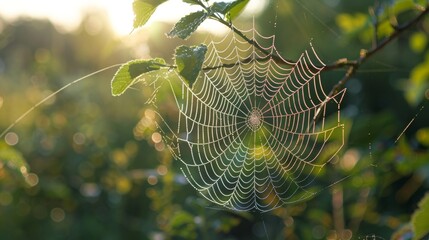 The intricate design of a spiders web in the morning light   AI generated illustration