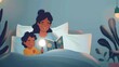 A mother and her son snuggled under the covers in bed holding a flashlight between them as they read from an empowering book. They giggle and discuss the stories as they read