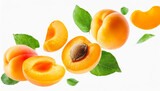 Fototapeta Boho - Apricot with half slices apricots falling or flying in the air with green leaves isolated on white background. Generative AI.