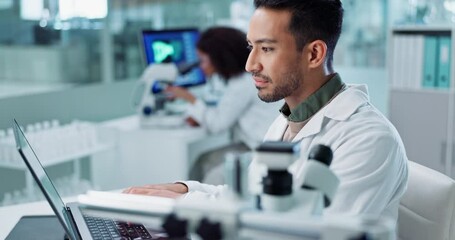 Aufkleber - Laptop, man or scientist with microscope or research in lab for a chemistry report or medical test feedback. Bacteria, person typing or science update for online medicine development news on website