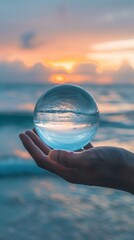 Wall Mural - A person holding a glass ball with the ocean in front of it, AI