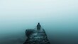 A person sitting on a pier in the middle of fog, AI