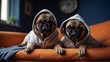 pugs in hooded clothes sitting on an orange sofa