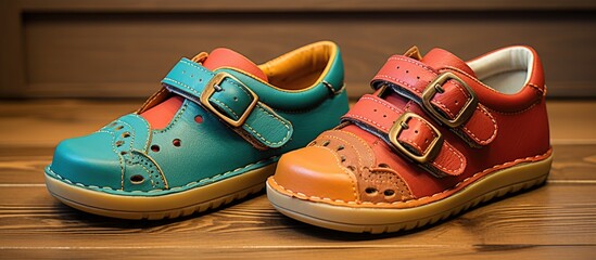 Wall Mural - A pair of childrens shoes, one in magenta and the other in electric blue, rest on a wooden table. The footwear includes patterns and are a fashion accessory