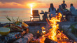 As the sun sets over the horizon friends and family gather around a crackling bonfire to enjoy a seafood feast of grilled swordfish and lightly battered fish tacos.