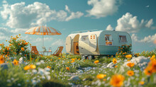 A Small Trailer Is Parked In A Flowery Field Next To A Table And Chairs. The Sky Is Filled With Clouds.