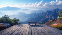Wooden Floor, Large Platform With A Bench On Top Of A Mountain
