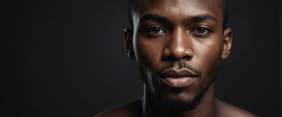 Wall Mural - Handsome young black african man on plain black background close up portrait shot of the face , skin care clean ad concept from Generative AI