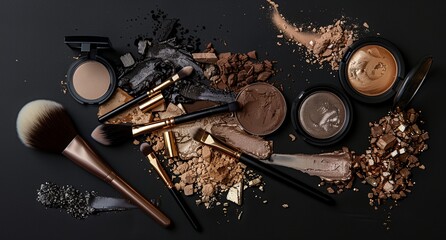 a collection of makeup and eye shadows on a black surface