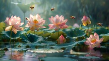 The Soft Hum Of Bees Around Blooming Lotus Flowers In A Sunlit Pond