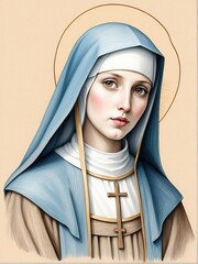 Poster - Portrait painting of Saint Clare of Assisi illustration art plain white background from Generative AI