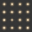 Set of realistic golden burst lights, bright stars, sparkles. Vector illustration on a transparent background