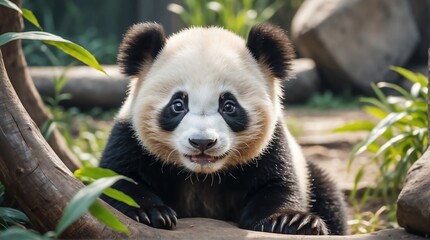 Wall Mural - A baby panda in zoo looking at the camera from Generative AI