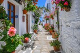 Fototapeta Uliczki - Narrow street white walls flowerpots Greece