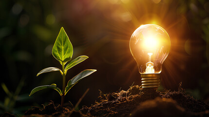 Wall Mural - A small plant is growing in the dirt next to a light bulb. The bulb is glowing brightly, illuminating the plant and the surrounding area. Concept of growth and potential