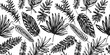 Black and white seamless pattern with hand drawn ink brush stroke textured tropical leaves. Artistic grunge paintbrush exotic botanical elements print for textile design, wrapping paper, wallpaper