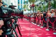 A glamorous red carpet event with celebrities posing for paparazzi cameras