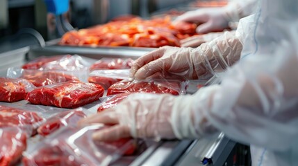 Manual meat packing with vacuum sealer for food packaging in meat factories