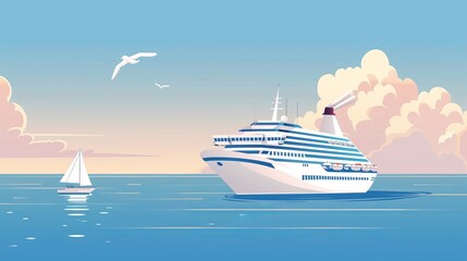 Wall Mural - A basic illustration of a cruise ship sailing on calm ocean waters AI generated illustration