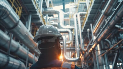 Wall Mural - close-up of industrial pipes of oil refinery, back of engineer, technician, reading drawing, drawing, industrial engineering, blueprint, industrial background.