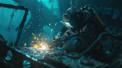 Wall Mural - Underwater welders working at Sparks turn on lights on the seabed to repair submerged structures. Underwater welding by professional divers