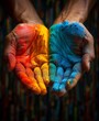 open hands stained with multicolored pigments