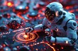 A 3D visualization of a futuristic antivirus robot scanning a corrupted cyber landscape