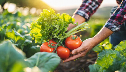 Wall Mural - Hands tenderly harvest vibrant veggies on an organic farm, epitomizing health and sustainability