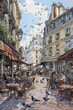 An animated cafe in a bustling city square, with street performers entertaining passersby and pigeons pecking at crumbs on the ground, Generative AI