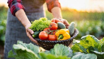 Poster - Hands tenderly harvest vibrant veggies on an organic farm, epitomizing health and sustainability