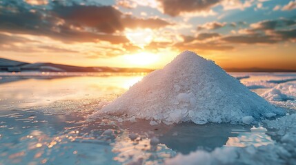 Sea salt farm. Pile of white salt. Raw material of salt industrial. Sodium Chloride mineral. Evaporation and crystallization of sea water. White salt harvesting. Agriculture industry