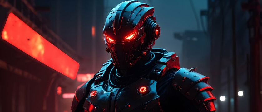 Night scene with Cyberpunk scary creature with red luminous eyes. Portrait alien character concept art science fiction