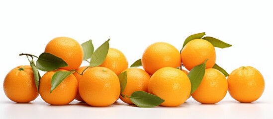 Sticker - A bunch of seedless oranges with green leaves placed on a white tableware surface. These natural foods can be used as an ingredient in recipes or enjoyed as a simple snack