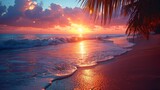 Fototapeta Londyn - Serene tropical beach sunset, vivid colors, tranquil waves, palm shadows, ultimate relaxation spot