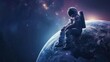 Astronaut in spacesuit sits on planet Earth globe. Spaceman in space. AI Generated 