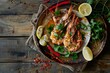 Indulge in a succulent taste of Thailand with a flavor explosion of grilled jumbo river prawns, drizzled in seafood sauce, at this vibrant restaurant. Generated by AI