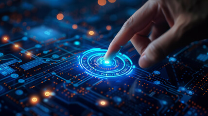 Hand Pressing a Button on a Futuristic Neon Interface Screen. 