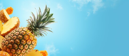 Canvas Print - a vibrant electric blue sky serves as the backdrop for a pineapple sitting atop a pile of pineapples