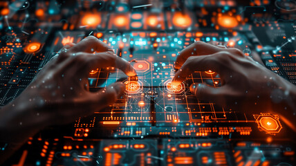 Hand Pressing a Button on a Futuristic Neon Interface Screen. 