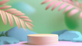Fototapeta Boho - Podium with tropical pastel leaves for product presentation and on background. Generative AI