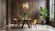 Luxury dining room, dining table, brown and marble wall