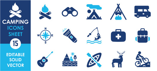 Camping flat icons set. Camp, domestic tourism, hiking, picnic and so on. Flat vector travel and hike icons set.