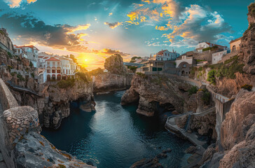 Sticker - Photo of a slime city in Portugal with white houses overlooking the sea, a small natural pool on the cliff side, a colorful sky at sunset, sea waves crashing against rocks