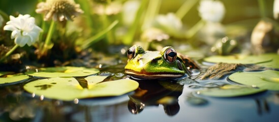 Sticker - A frog is perched on a lily pad in a tranquil pond surrounded by water, aquatic plants, and lush green grass, creating a serene natural landscape with reflections of the sky