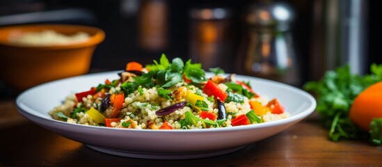 Wall Mural - A dish of staple food featuring white rice and leafy green vegetables served on a wooden table, showcasing a healthy and delicious plantbased cuisine