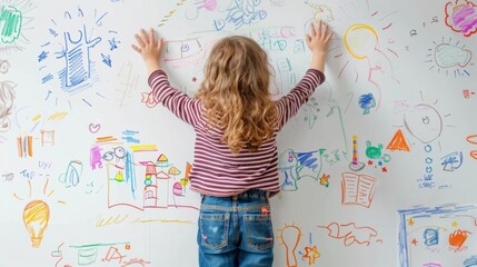 A child standing in front of a white board with colorful drawings and notes excitedly explaining their thoughts on the story they just read.