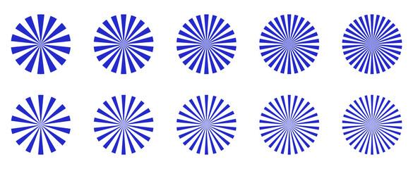 Poster - Set of simple blue radial patterns – Collection of blue radial stripes – Isolated sunburst graphic elements