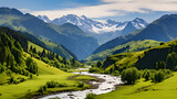 Fototapeta Uliczki - Panoramic Vista of A Lush Valley with A Serene River, Enveloped By Snow-Capped mountains and Blue Skies