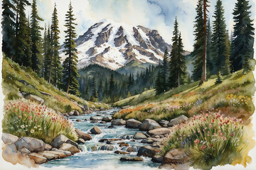 Watercolor Illustration  - Mt. Rainier National Park, Washington