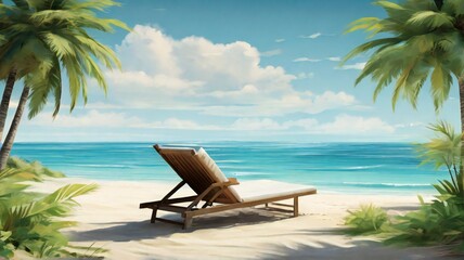 Wall Mural - beautiful tropical beach with white sand and sun loungers, framed by palm fronds. the natural beauty of the coastal landscape is the center of attention. generative ai